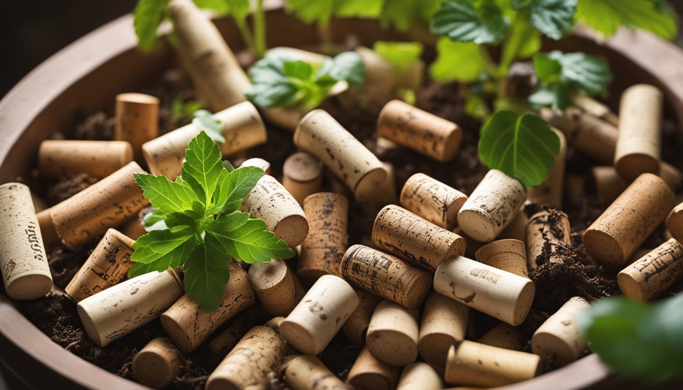 Wine corks decompose in a plant pot, surrounded by organic matter and delicate root systems, bathed in soft, natural light