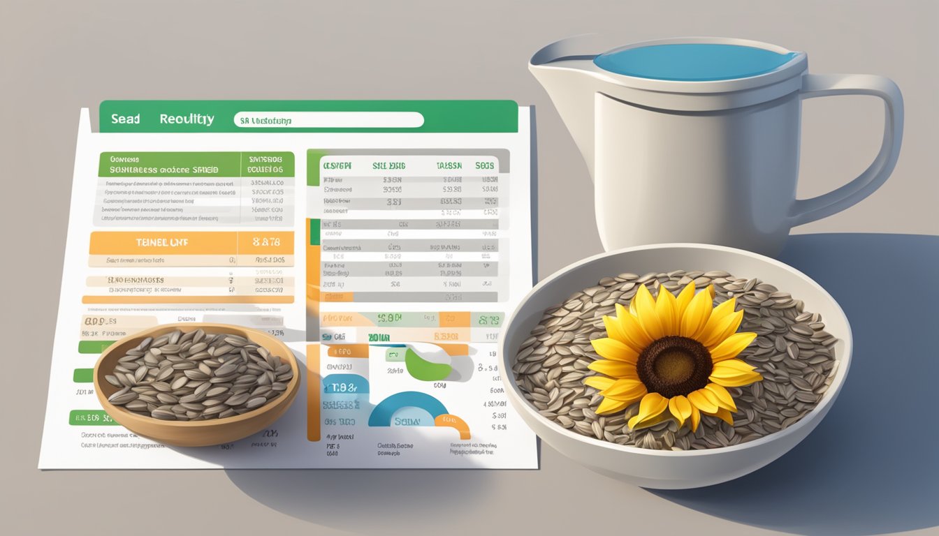 A bowl of sunflower seeds with a measuring cup next to it, surrounded by nutritional information and daily requirement charts