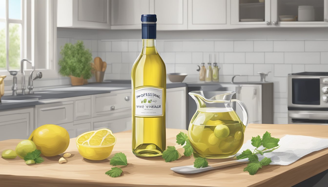 A bottle of white wine vinegar sits on a kitchen counter, with a measuring cup next to it