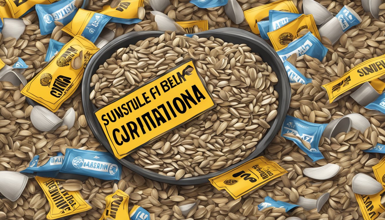 A pile of sunflower seed shells spilling out of an overflowing bowl, surrounded by caution signs and a warning label