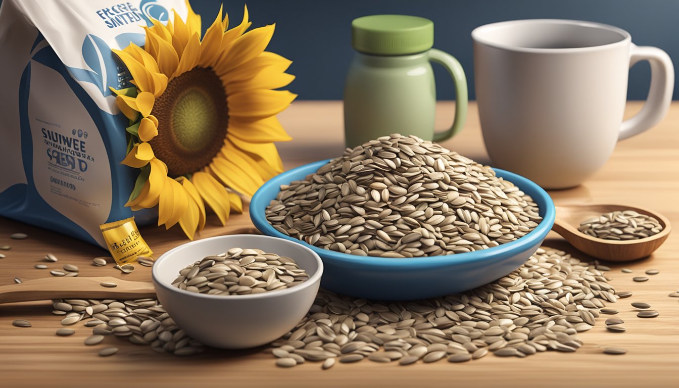 A small pile of sunflower seeds spills out from an open bag onto a wooden table, surrounded by measuring cups and a nutrition guide