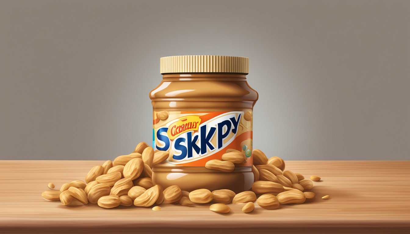 A jar of Skippy peanut butter overflowing with excessive amounts spilling onto a countertop