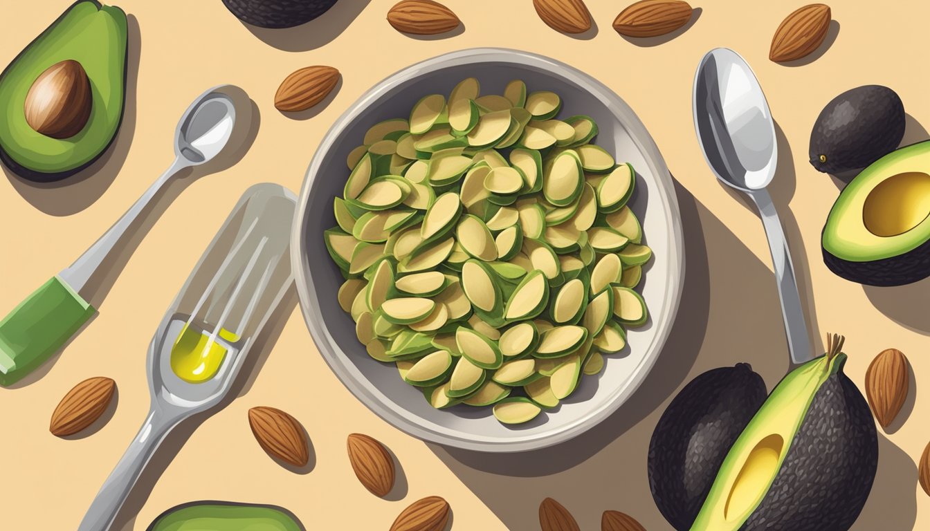 A bowl of sunflower seeds surrounded by avocados, almonds, and olive oil. A measuring cup indicates portion size