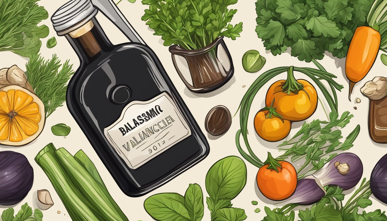 A bottle of balsamic vinegar surrounded by fresh herbs and vegetables, with a measuring spoon nearby