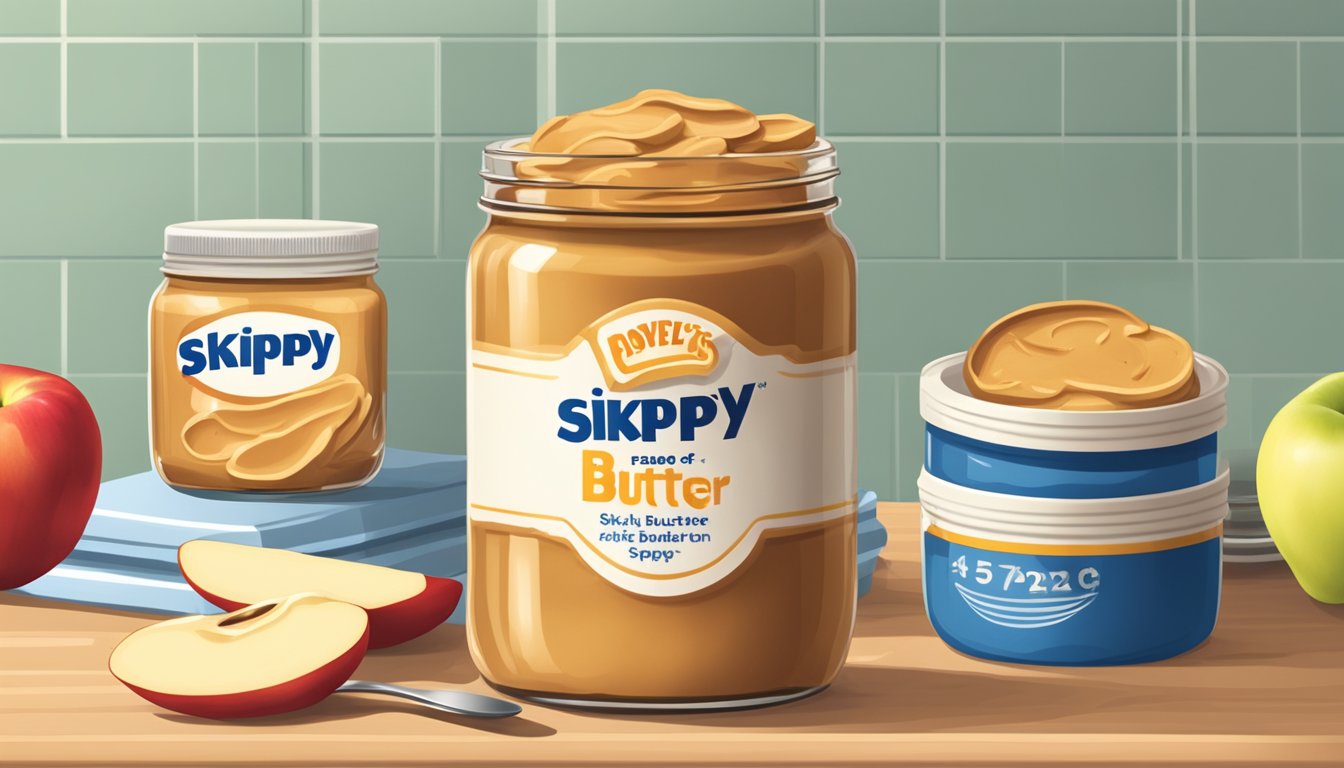 A jar of Skippy Peanut Butter sits open on a kitchen counter, surrounded by slices of bread, a spoon, and a bowl of sliced apples