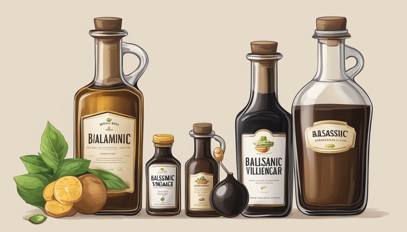 A bottle of balsamic vinegar sits next to other types of vinegar, with a measuring spoon nearby