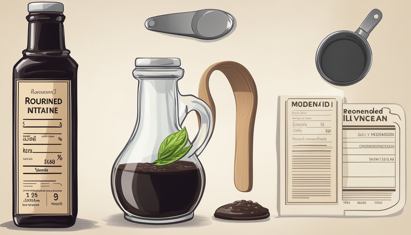 A bottle of balsamic vinegar next to a measuring spoon and a nutrition label with "Recommended Daily Intake" and "Moderation" written on it