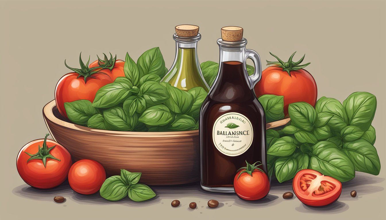 A bottle of balsamic vinegar surrounded by fresh tomatoes, basil, and a salad bowl