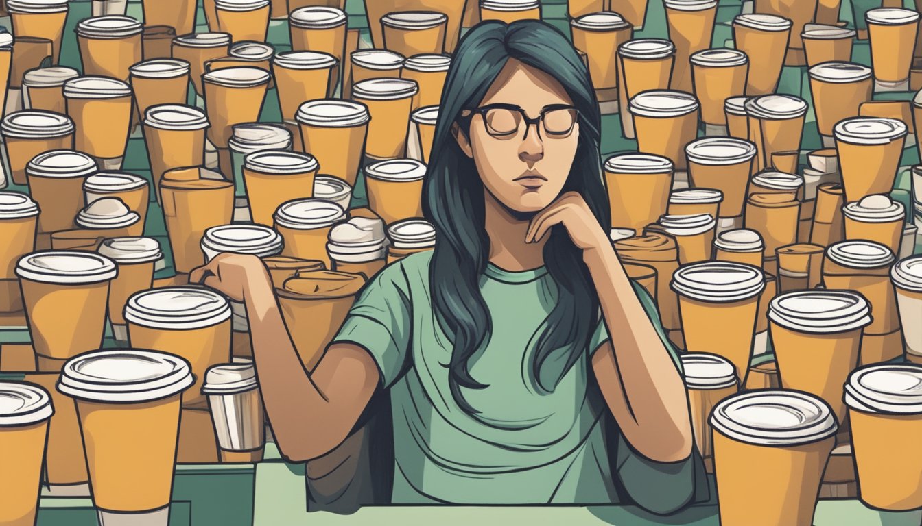 A person surrounded by empty Starbucks cups, with a jittery and anxious expression, heart palpitations and difficulty concentrating