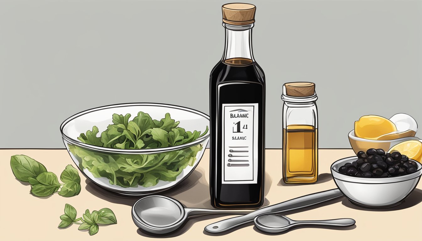 A bottle of balsamic vinegar sits on a kitchen counter, next to a salad bowl and a set of measuring spoons