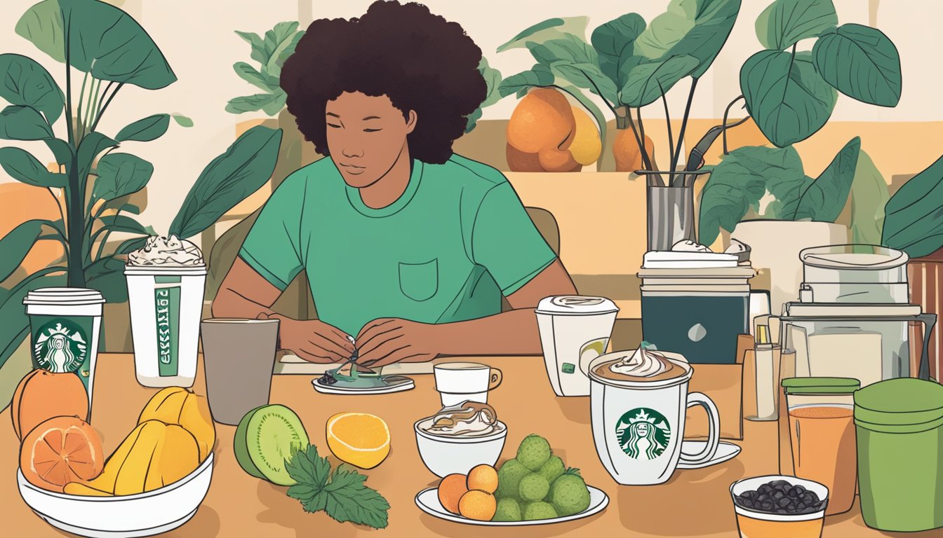 A person sitting at a table with multiple cups of Starbucks coffee, surrounded by various health-related items such as fruits, vegetables, and exercise equipment