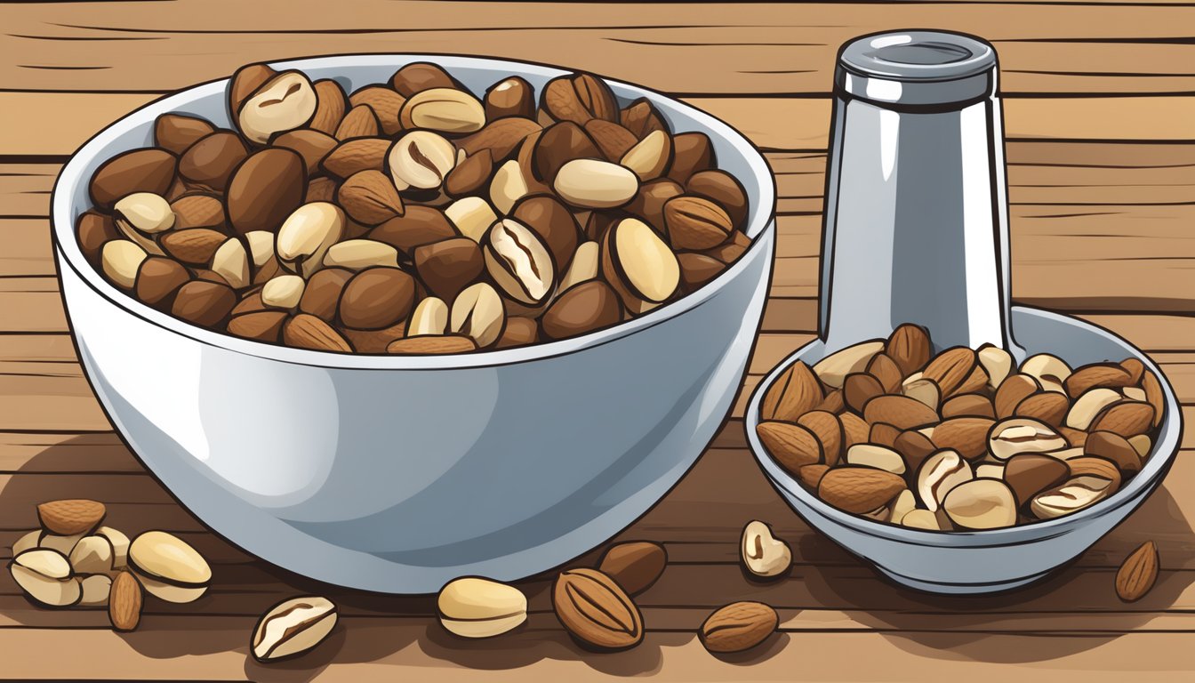 A bowl of mixed nuts sits on a wooden table, with a handful of Brazil nuts spilling out onto the surface. A measuring cup is nearby, indicating portion size