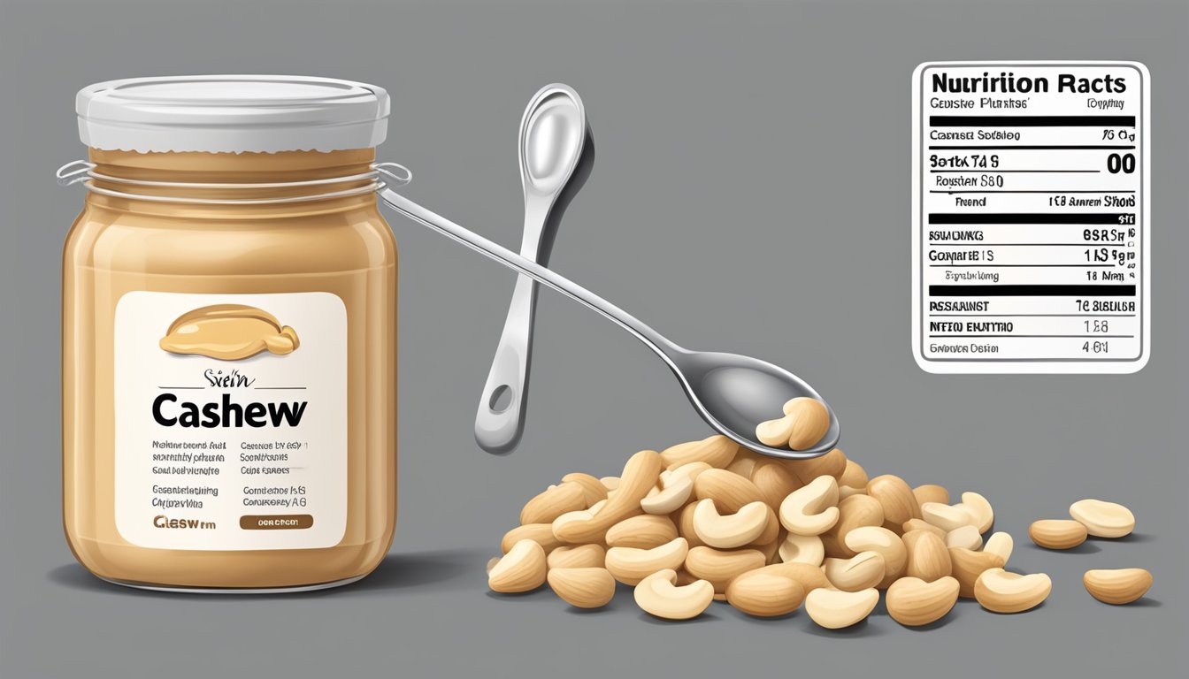 A jar of cashew butter with a measuring spoon, surrounded by scattered cashew nuts and a nutrition label