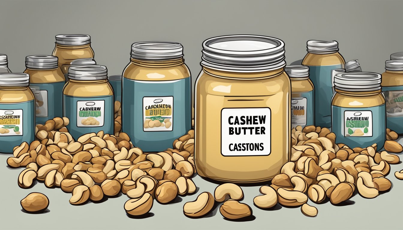 A jar of cashew butter overflowing with nuts, surrounded by empty jars and scattered cashews, with a caution sign in the background