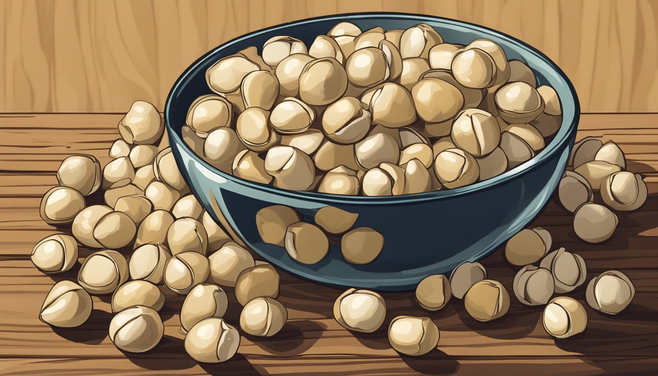 A pile of macadamia nuts overflowing from a measuring cup, with more nuts spilling out onto a wooden surface