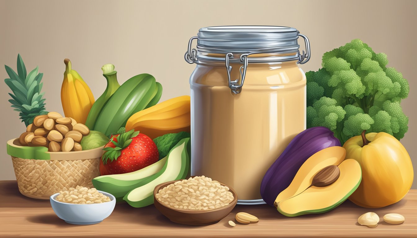 A jar of cashew butter surrounded by a variety of healthy foods, such as fruits, vegetables, and whole grains, on a kitchen countertop