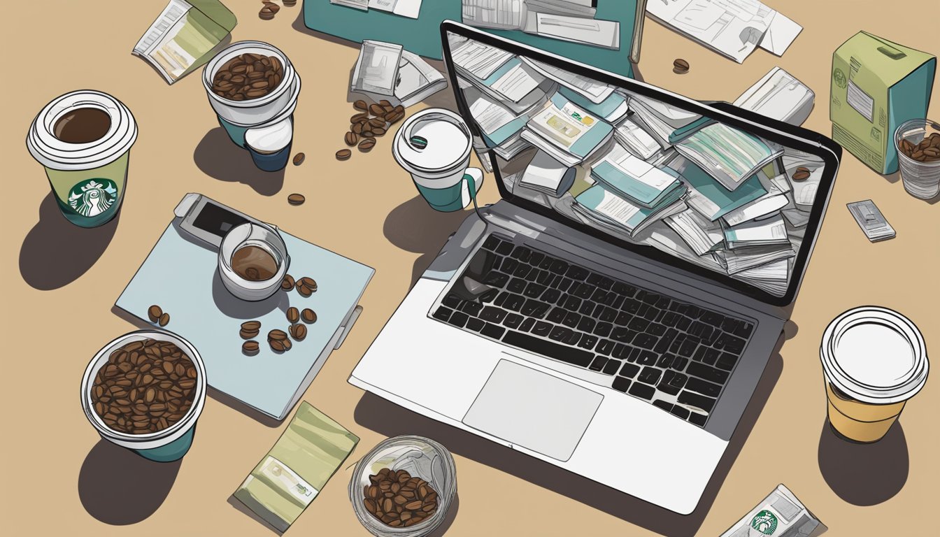 A cluttered desk with multiple empty Starbucks cups, scattered coffee beans, and a jittery laptop user