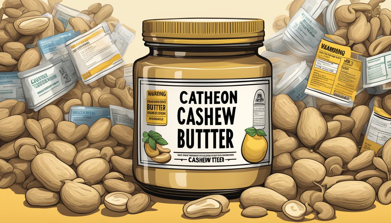 A jar of cashew butter surrounded by caution signs and a warning label