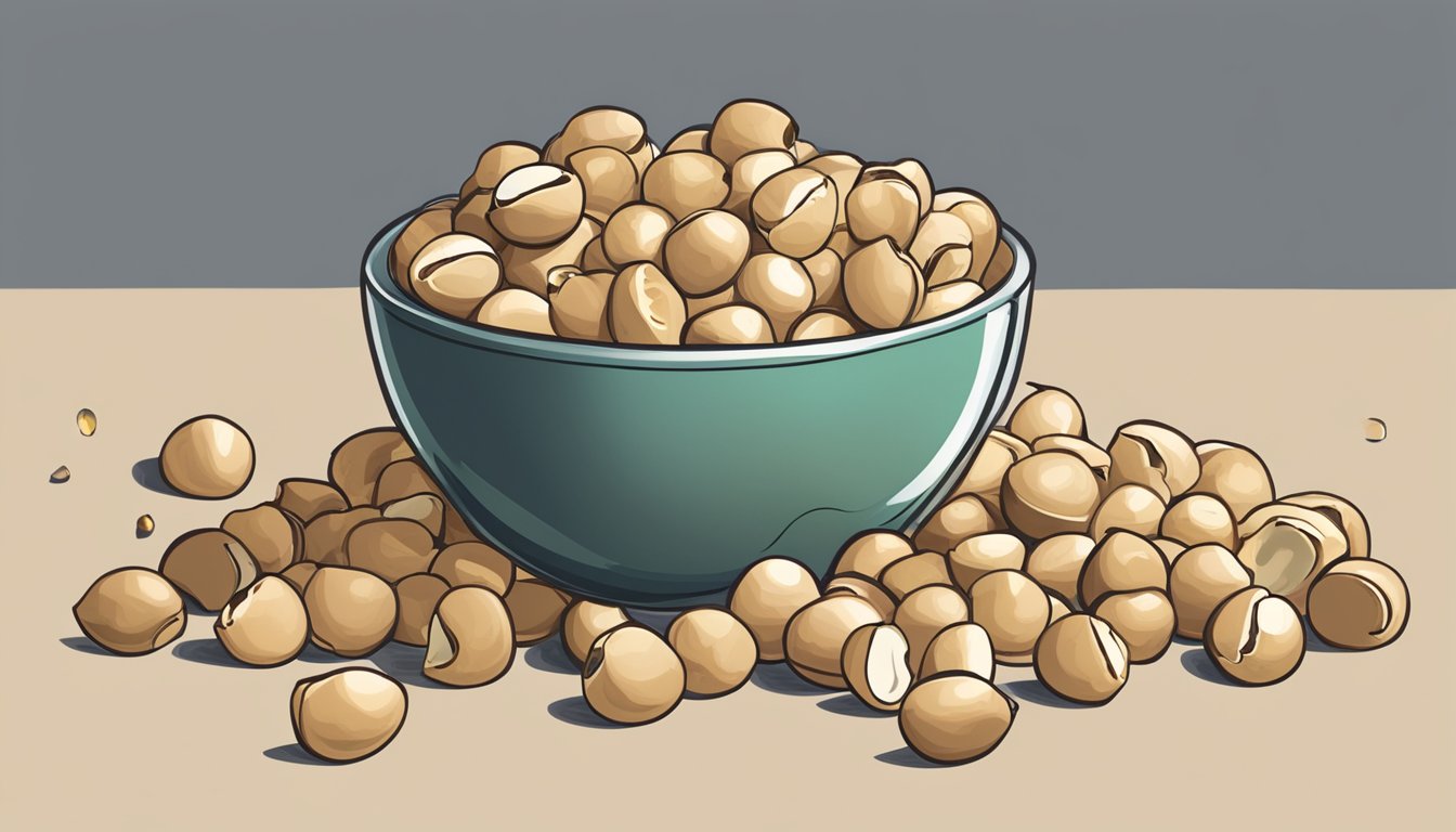 A small pile of macadamia nuts spilling out of a measuring cup, with a few nuts scattered around it