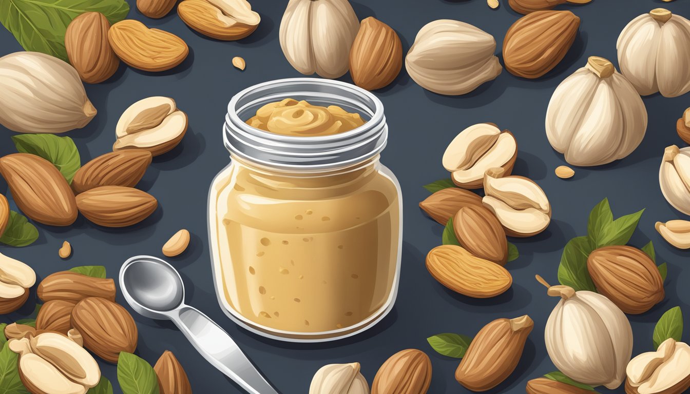 A jar of cashew butter surrounded by various nuts and seeds, with a measuring spoon next to it