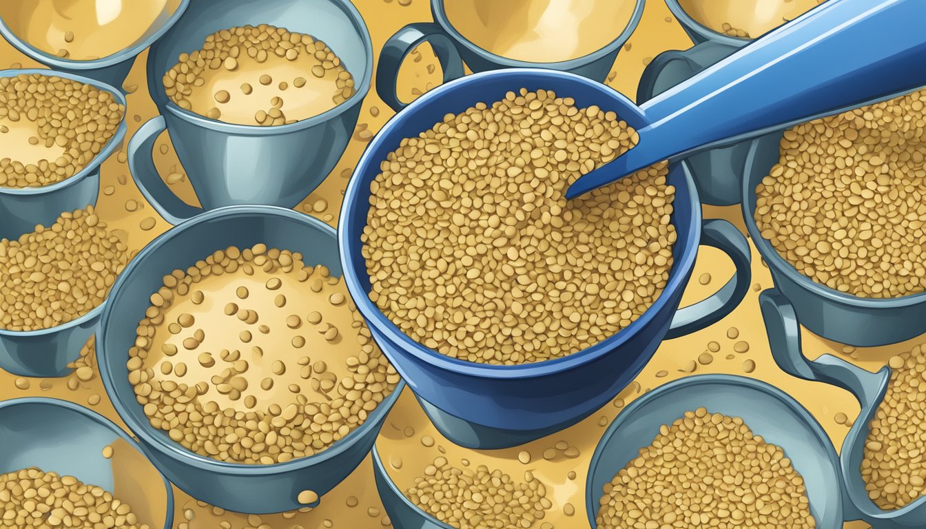 A pile of sesame seeds spilling out of a measuring cup, surrounded by empty cups and a question mark