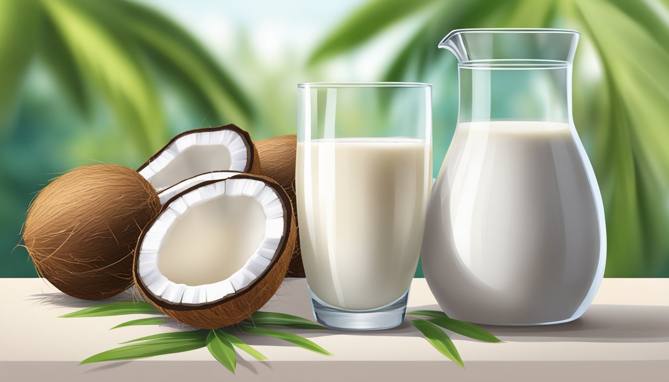 A glass of coconut milk overflowing with fresh coconuts and a measuring cup next to it