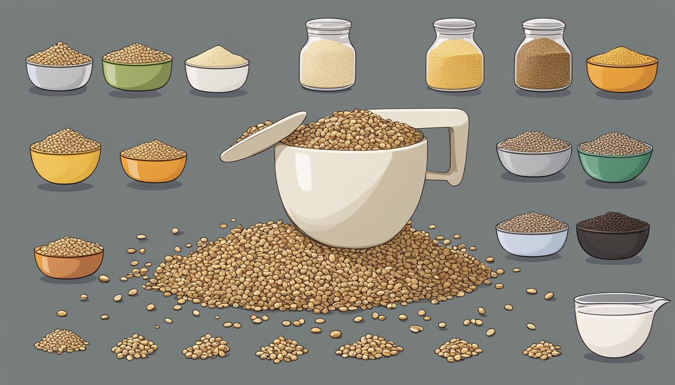 A pile of sesame seeds spills from a measuring cup, surrounded by various other types of seeds in smaller quantities