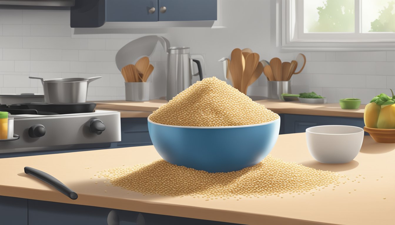 A pile of sesame seeds overflowing from a measuring cup onto a kitchen counter