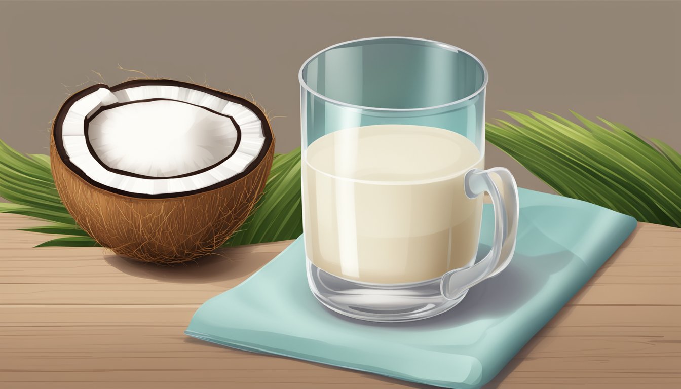 A table with a glass of coconut milk and a measuring cup next to it