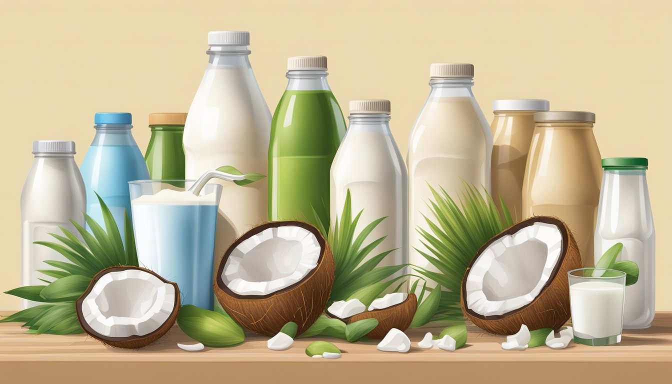 A coconut milk carton overflowing with coconuts, surrounded by various milk alternatives in bottles and cartons