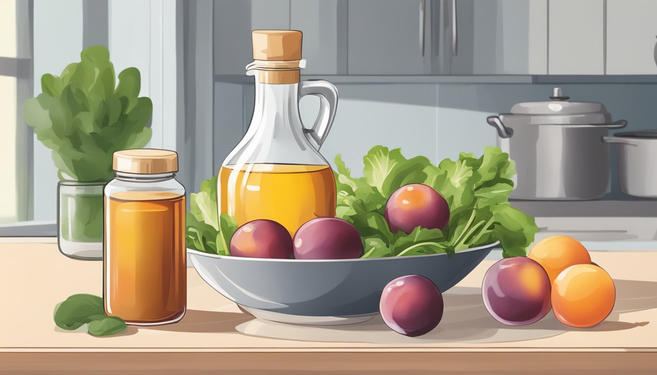 A small bottle of ume plum vinegar sits on a kitchen counter next to a measuring spoon. A bowl of salad is being dressed with a drizzle of the vinegar