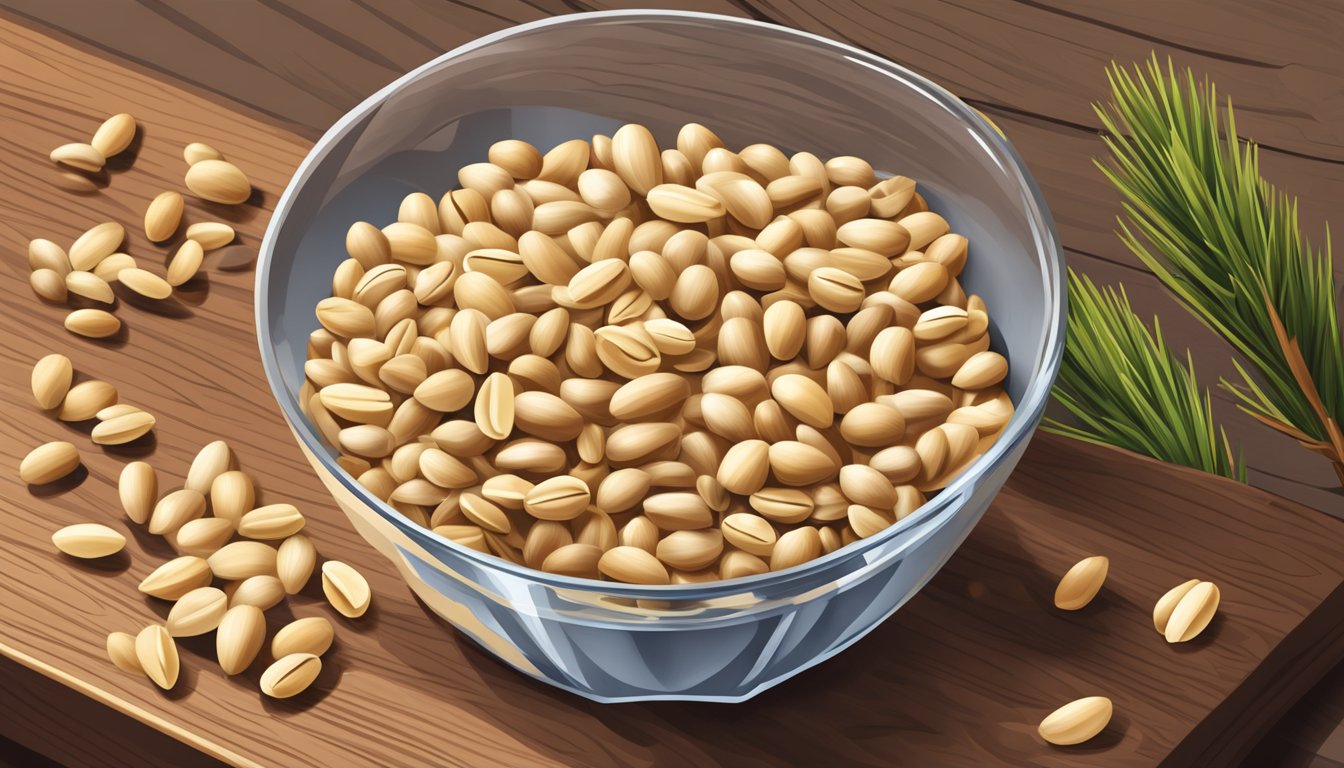 A pile of pine nuts spilling out of a measuring cup onto a wooden cutting board, with a few scattered nuts around it