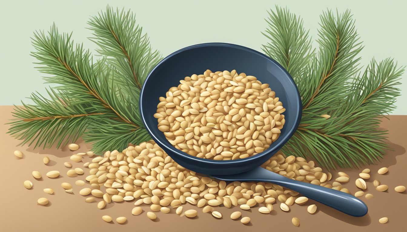 A pile of pine nuts spilling out of a small bowl, surrounded by fresh pine branches and a measuring spoon