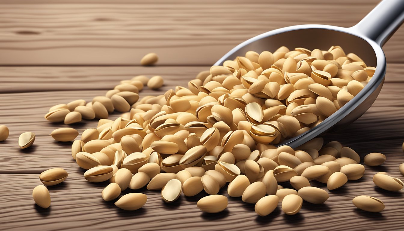 A small pile of pine nuts spilling out of a measuring spoon onto a wooden surface