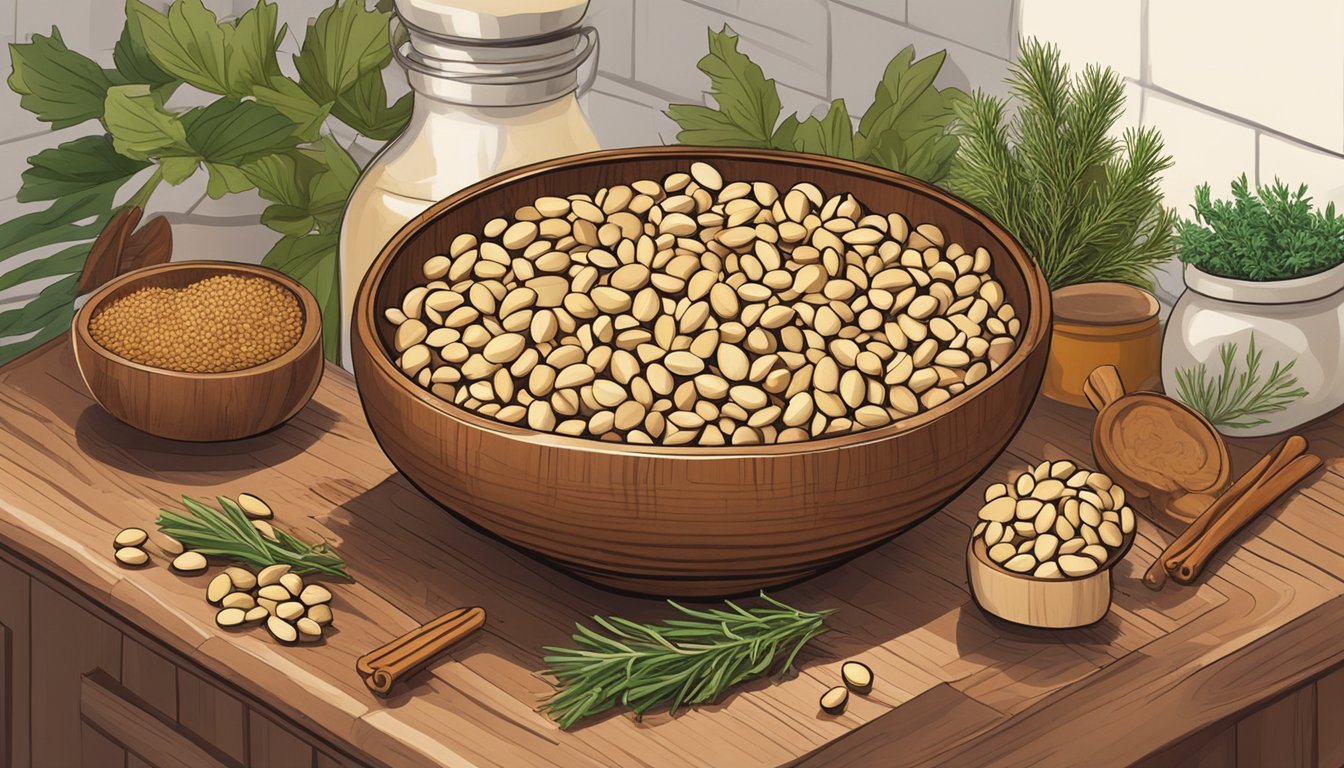 A wooden bowl filled with pine nuts, surrounded by various herbs and spices, sits on a kitchen counter