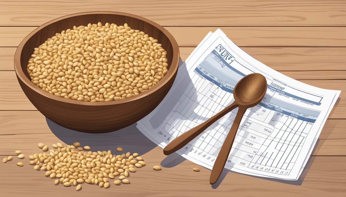 A wooden bowl overflowing with pine nuts, scattered on a table surrounded by measuring spoons and a nutrition chart