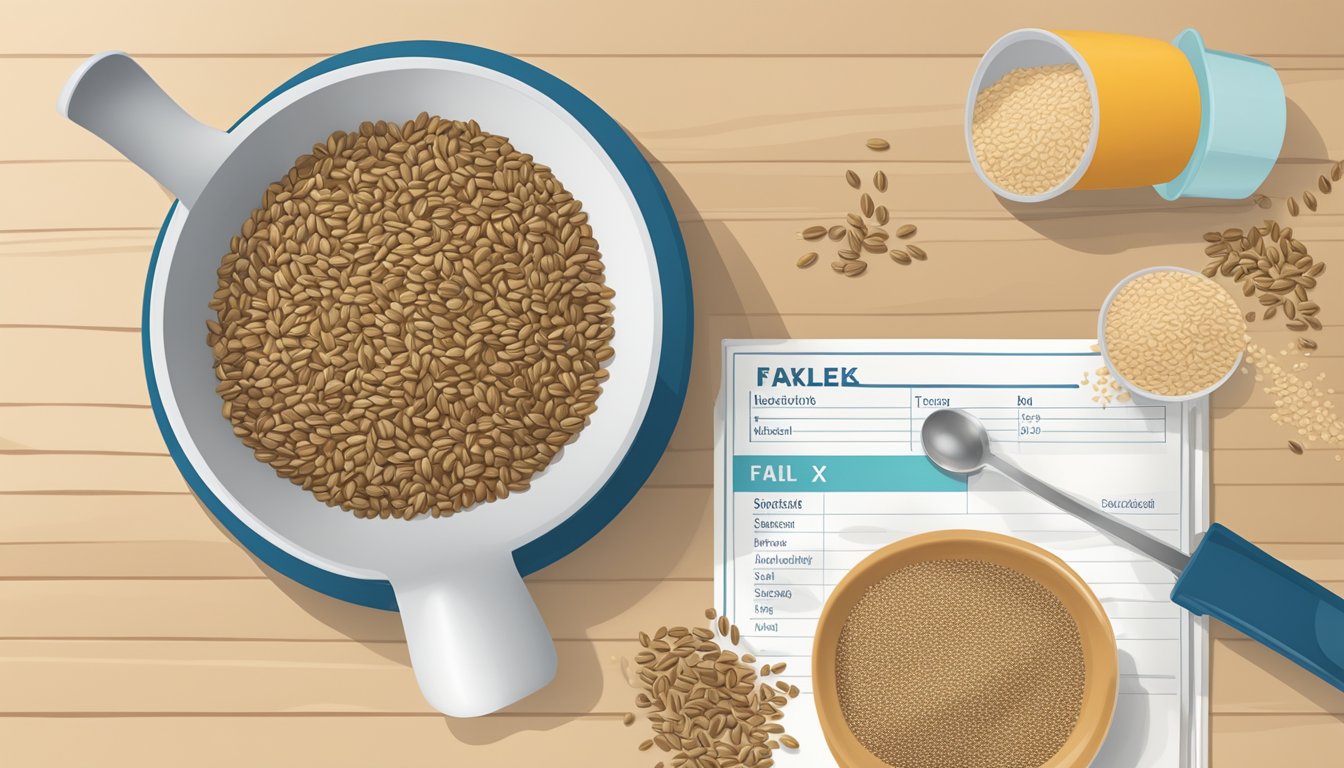 A table with various servings of flaxseeds, a measuring cup, and a daily intake guideline chart displayed on a wall