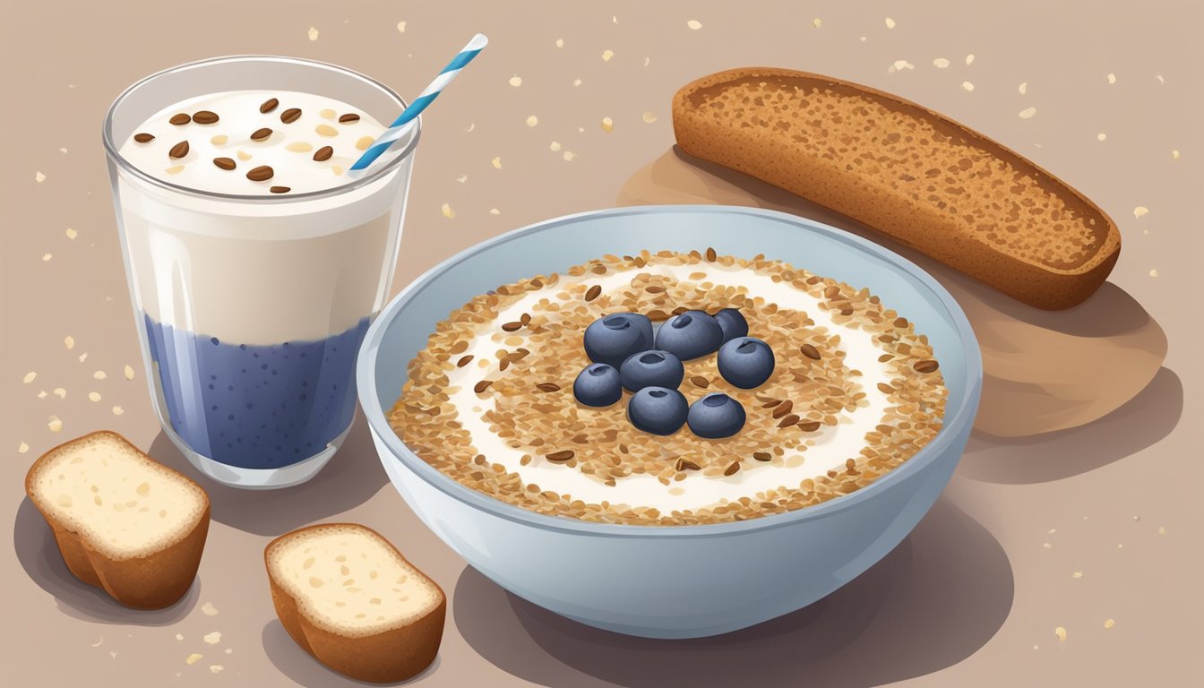 A bowl of yogurt topped with a sprinkle of flaxseeds, a smoothie with flaxseed garnish, and a loaf of bread with flaxseeds sprinkled on top