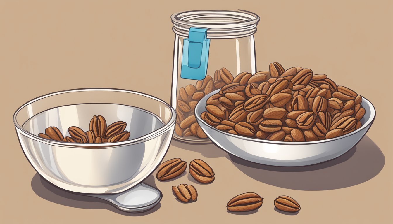 A bowl of pecans with a measuring cup next to it, indicating portion sizes