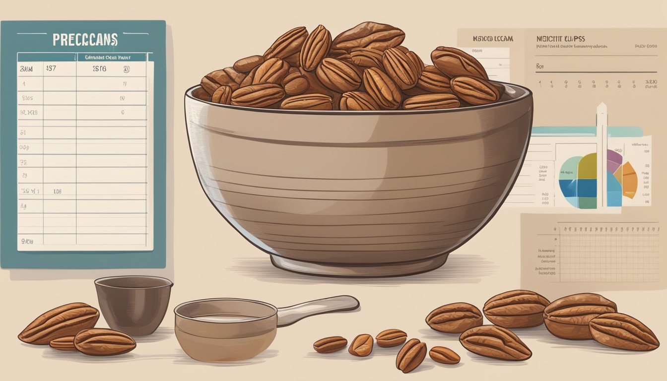 A bowl of pecans surrounded by measuring cups and a nutrition chart