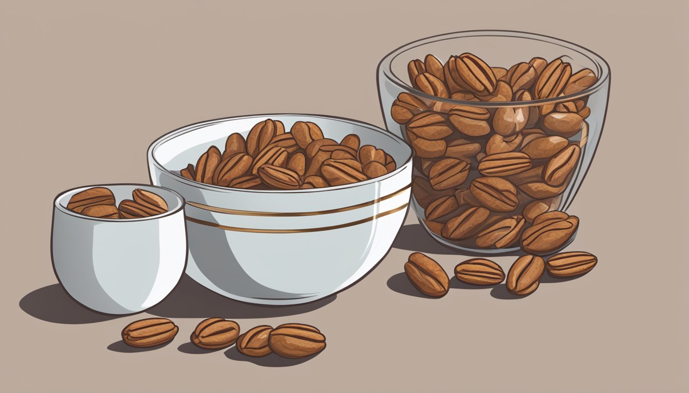 A small bowl filled with pecans, with a measuring cup next to it, indicating the recommended serving size