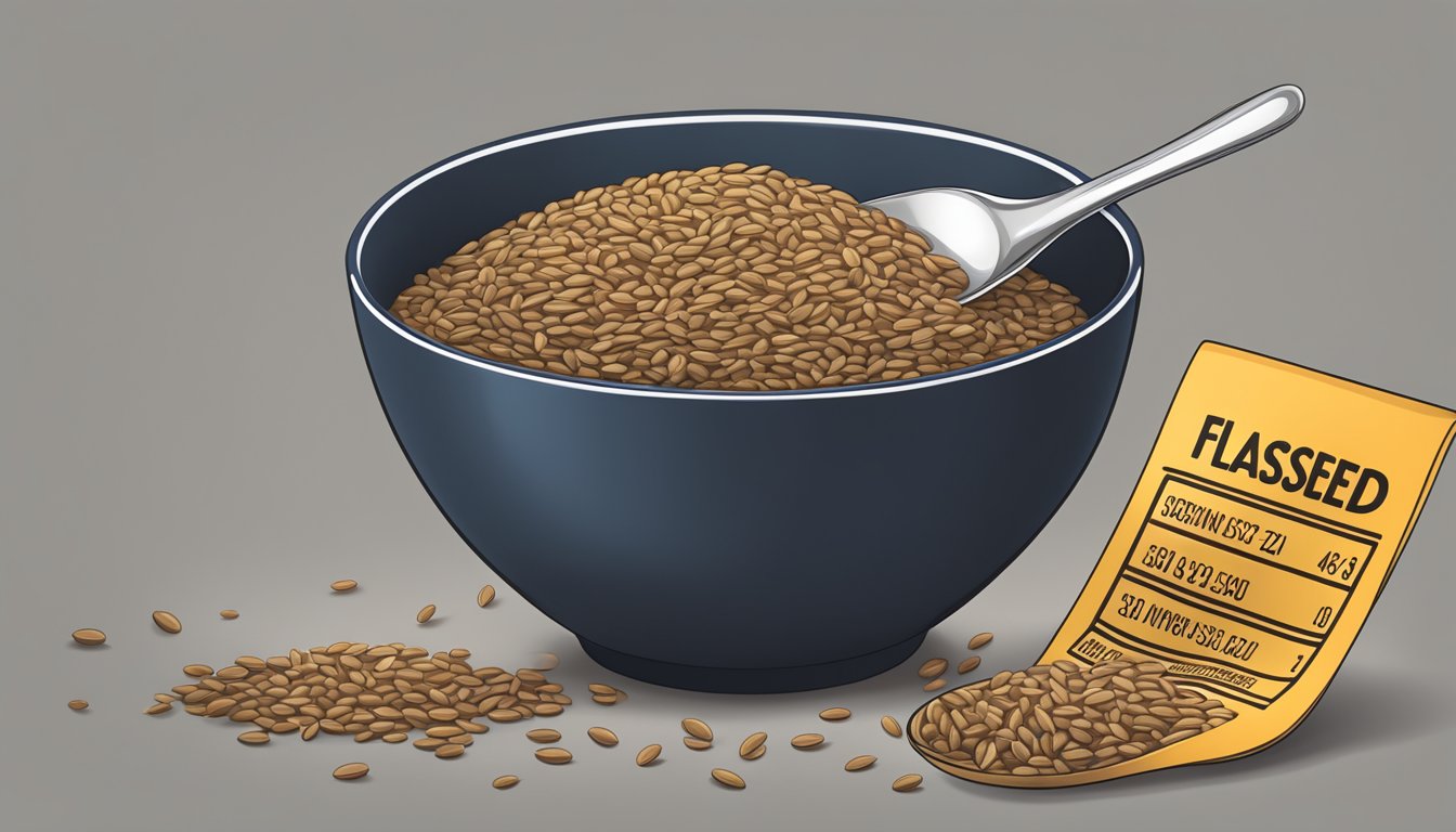 A bowl overflowing with flaxseeds, a measuring spoon, and a nutrition label with serving size information