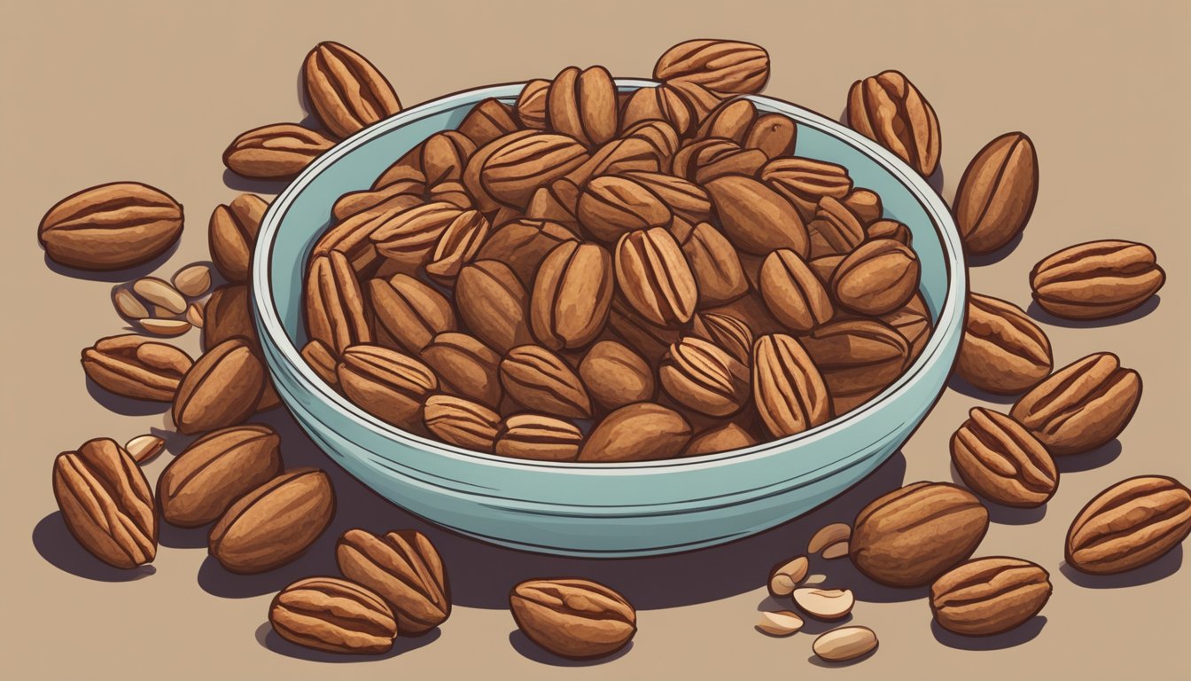 A pile of pecans surrounded by various other nuts, with a measuring cup indicating an excessive amount