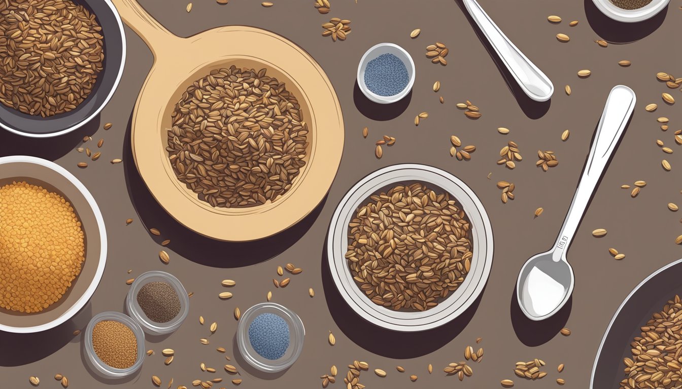 A table with various servings of flaxseeds, ranging from a few to a large pile, with a measuring spoon nearby