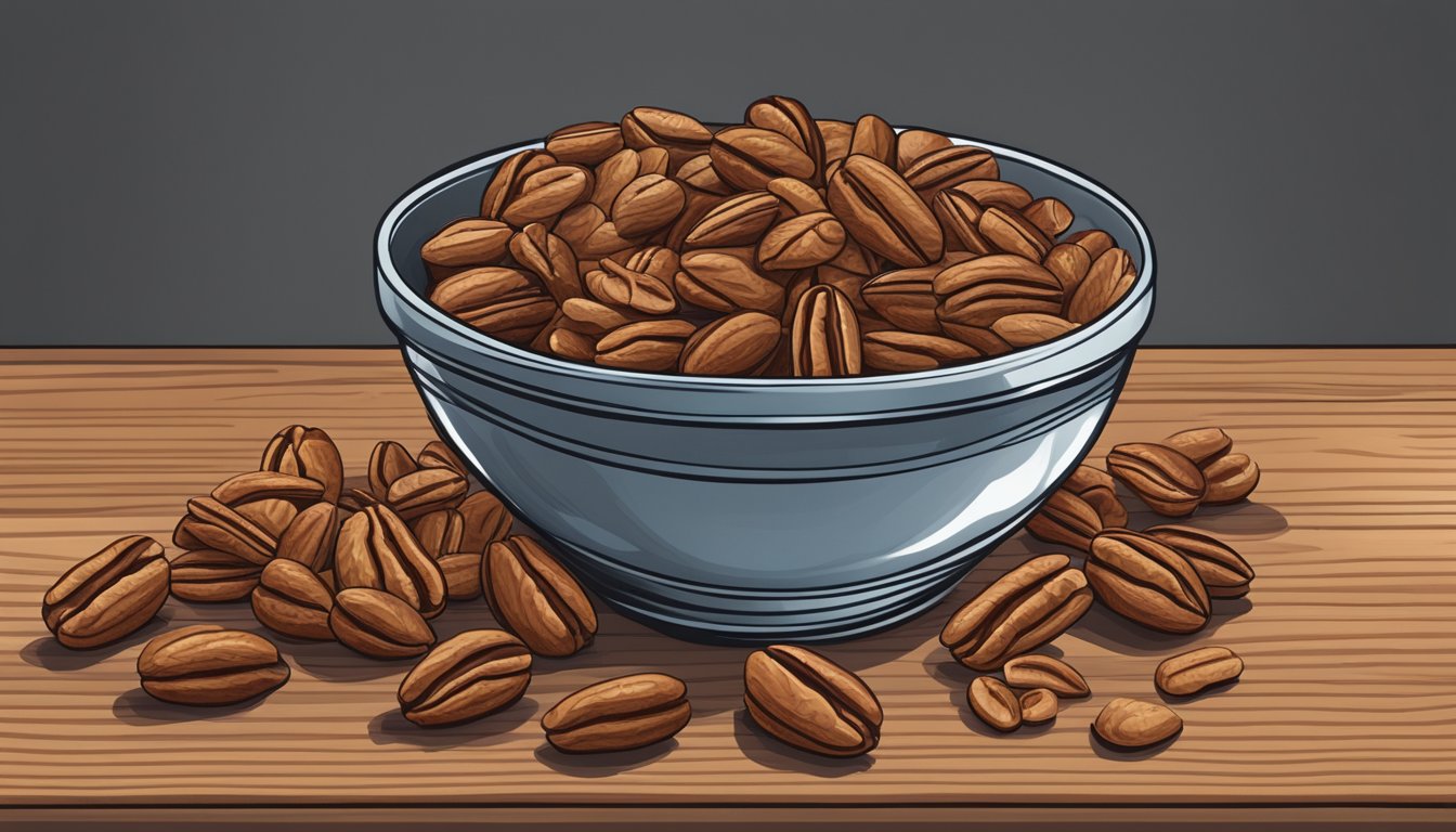 A bowl of pecans spilling out onto a wooden table, with a measuring cup nearby