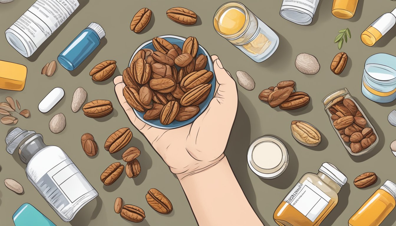 A person holding a handful of pecans, surrounded by various medications and health condition reference materials