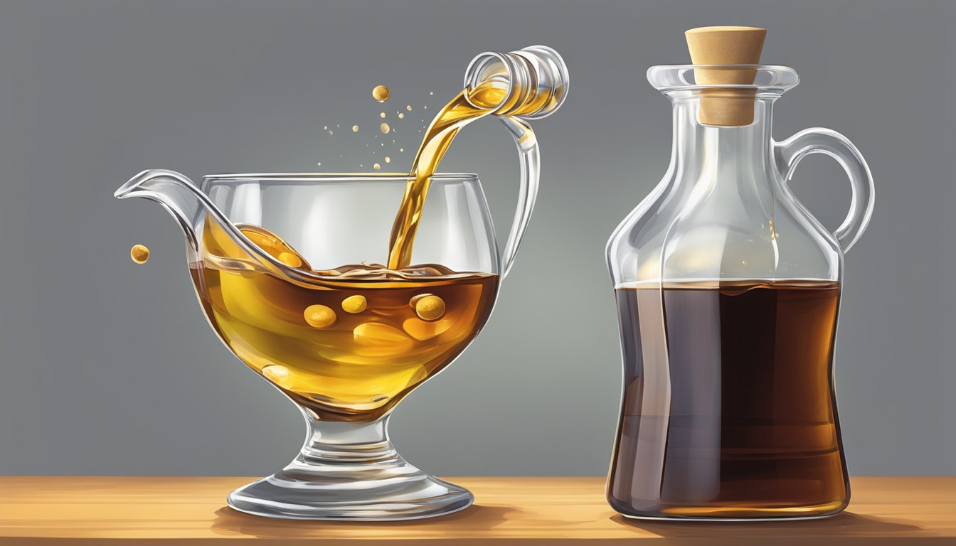 A bottle of sherry vinegar pouring into a measuring cup, overflowing