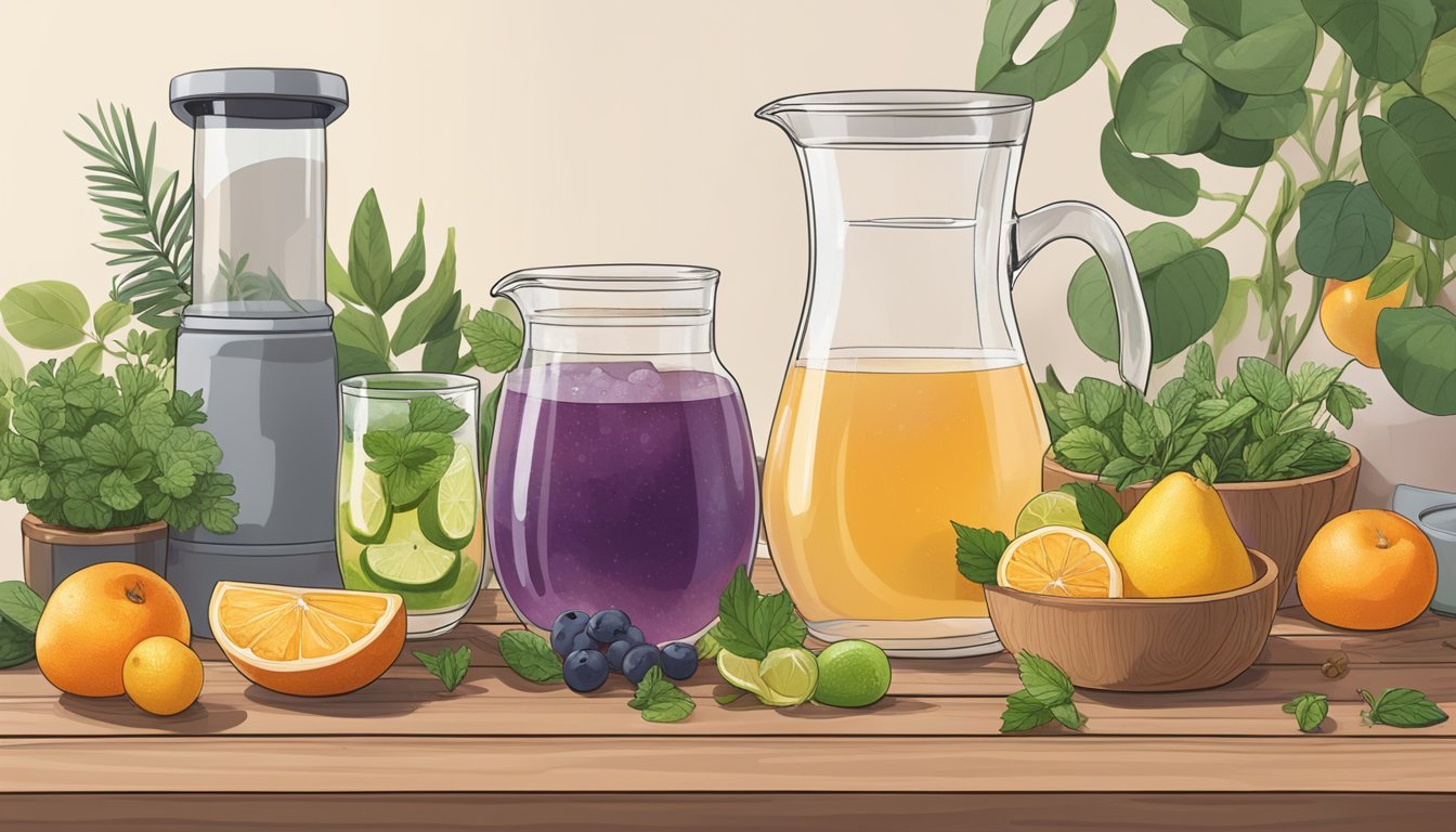 A glass pitcher filled with Kombucha sits on a wooden table, surrounded by various fruits and herbs. A measuring cup is nearby, indicating portion control