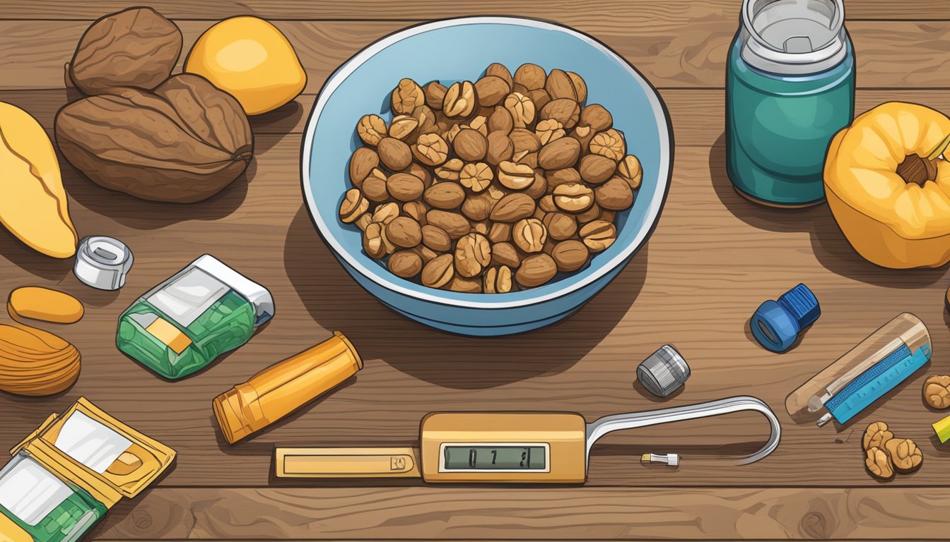 A bowl of walnuts spilling out onto a wooden table, surrounded by various health-related items such as a measuring tape, a heart rate monitor, and a bottle of vitamins