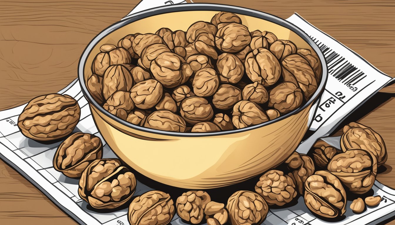 A pile of walnuts spilling out of a measuring cup, with a nutrition label in the background